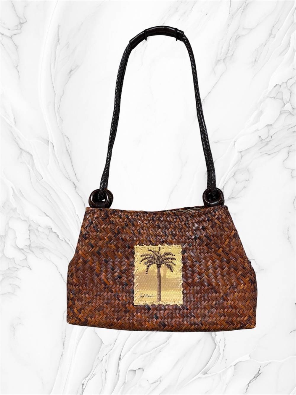 Sun 'N' Sand brown woven straw shoulder structure bag features a palm tree